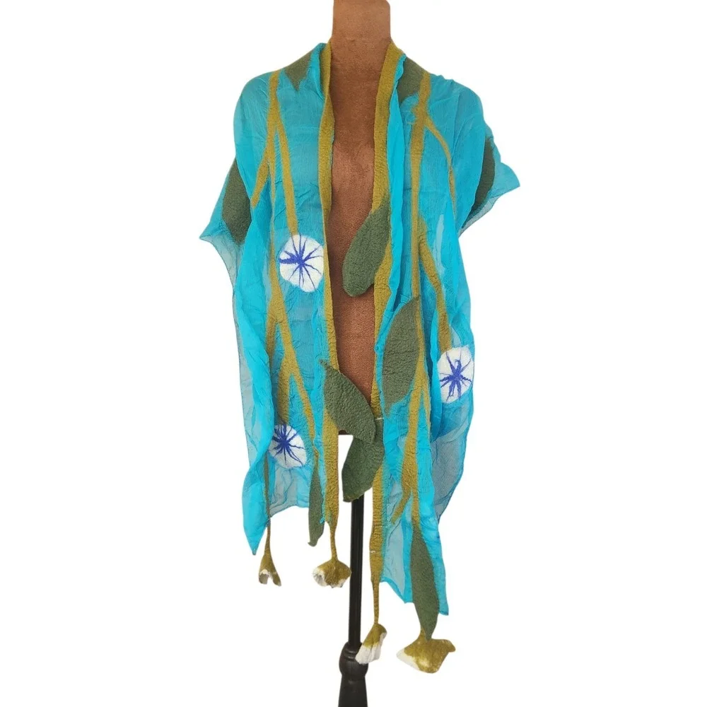 Felted Wool Long Scarf Chiffon Vine Floral BNB Made In‎ Nepal Blue Green